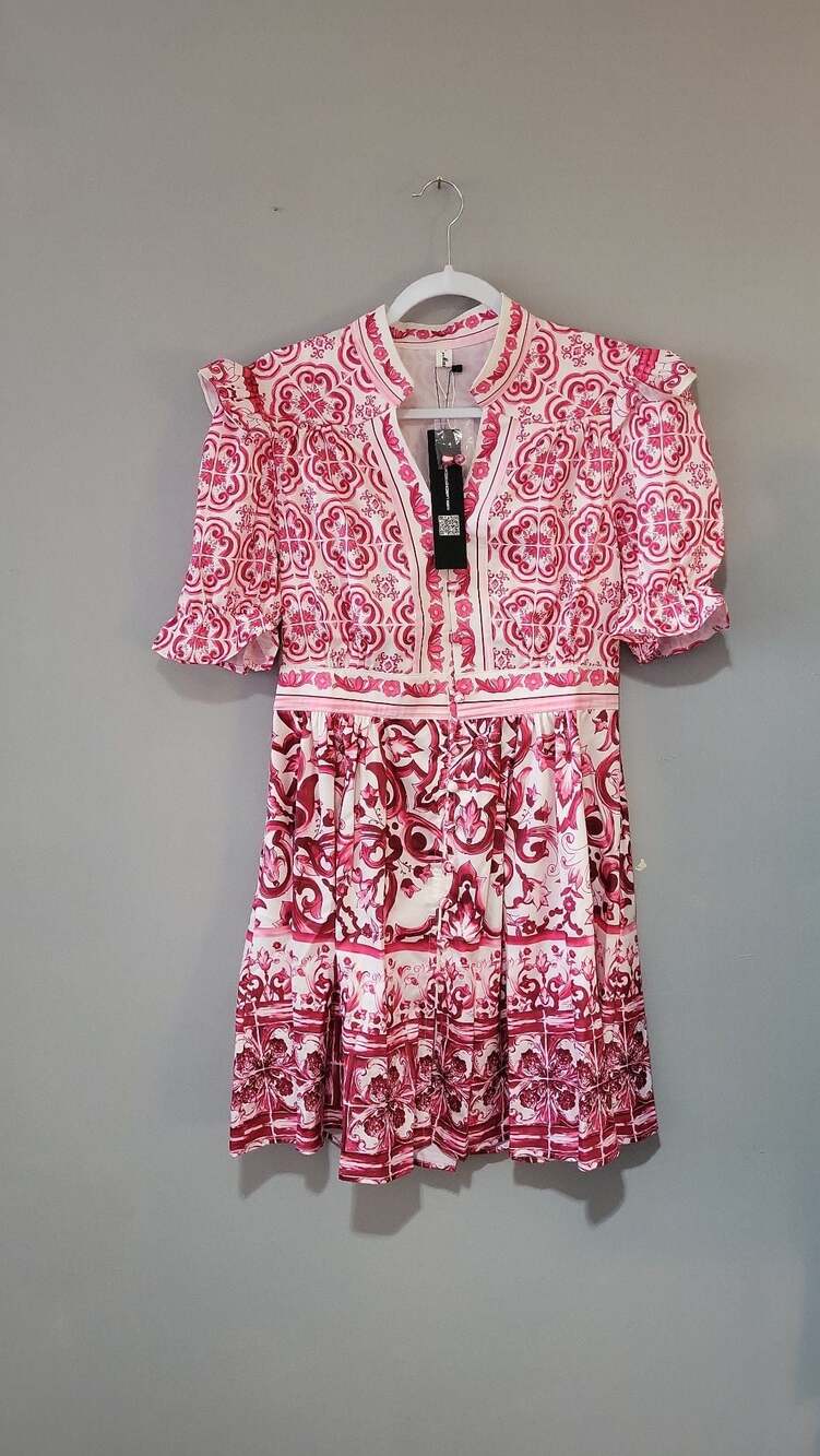 Five Cats Pink Porcelain Floral Print Ruffle Sleeve Mini Dress